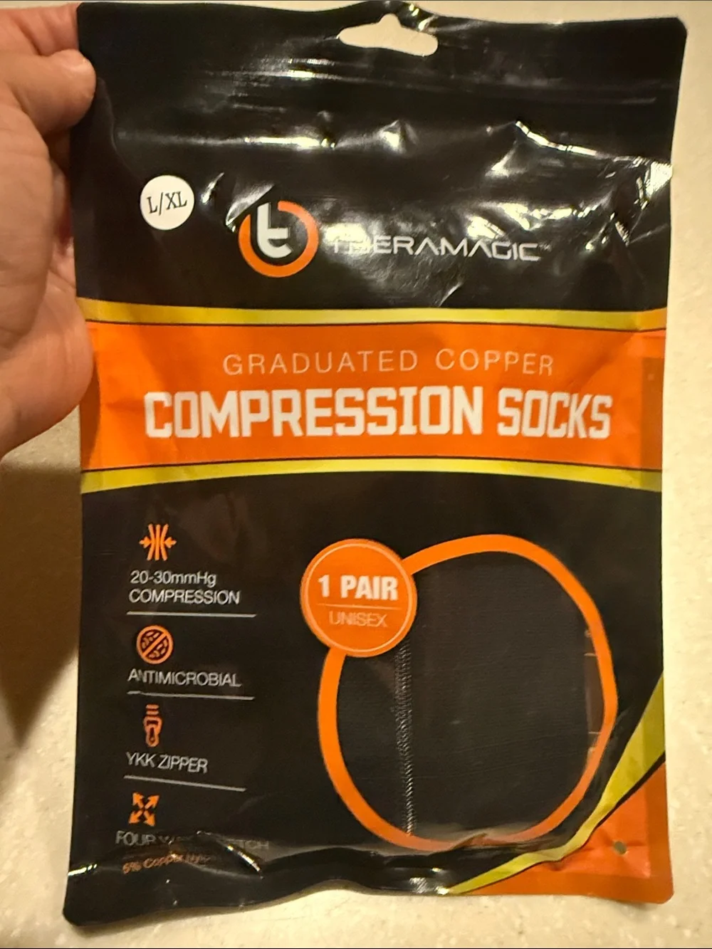 NEW TheraMagic™ Zipper Compression Socks One Pair Unisex Sealed Solid Black L/XL